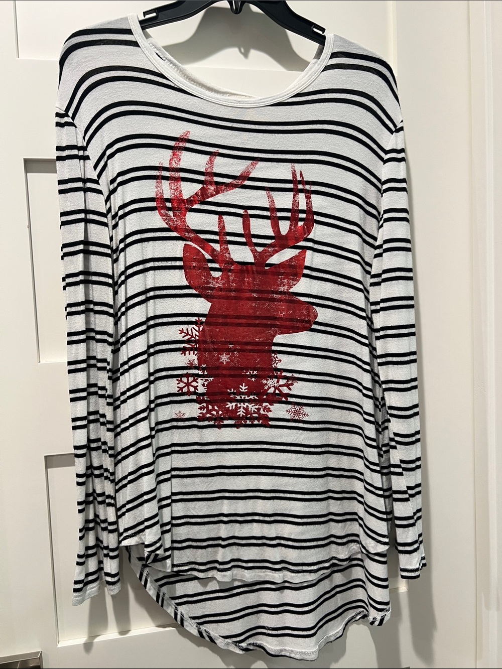 Women’s Black & White Striped Long-Sleeve Tee with Red Deer Graphic